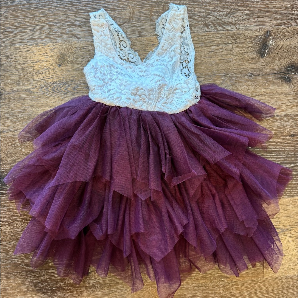 Lace and Tulle Dress in White and Burgundy